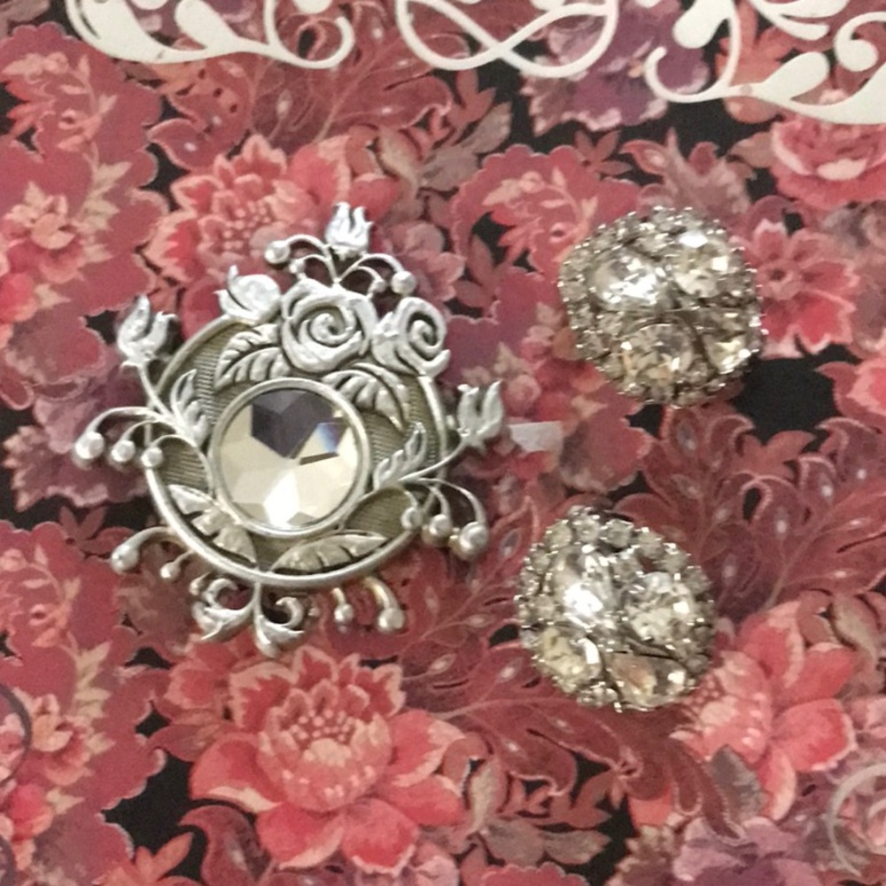 Rhinestone clip earrings and brooch